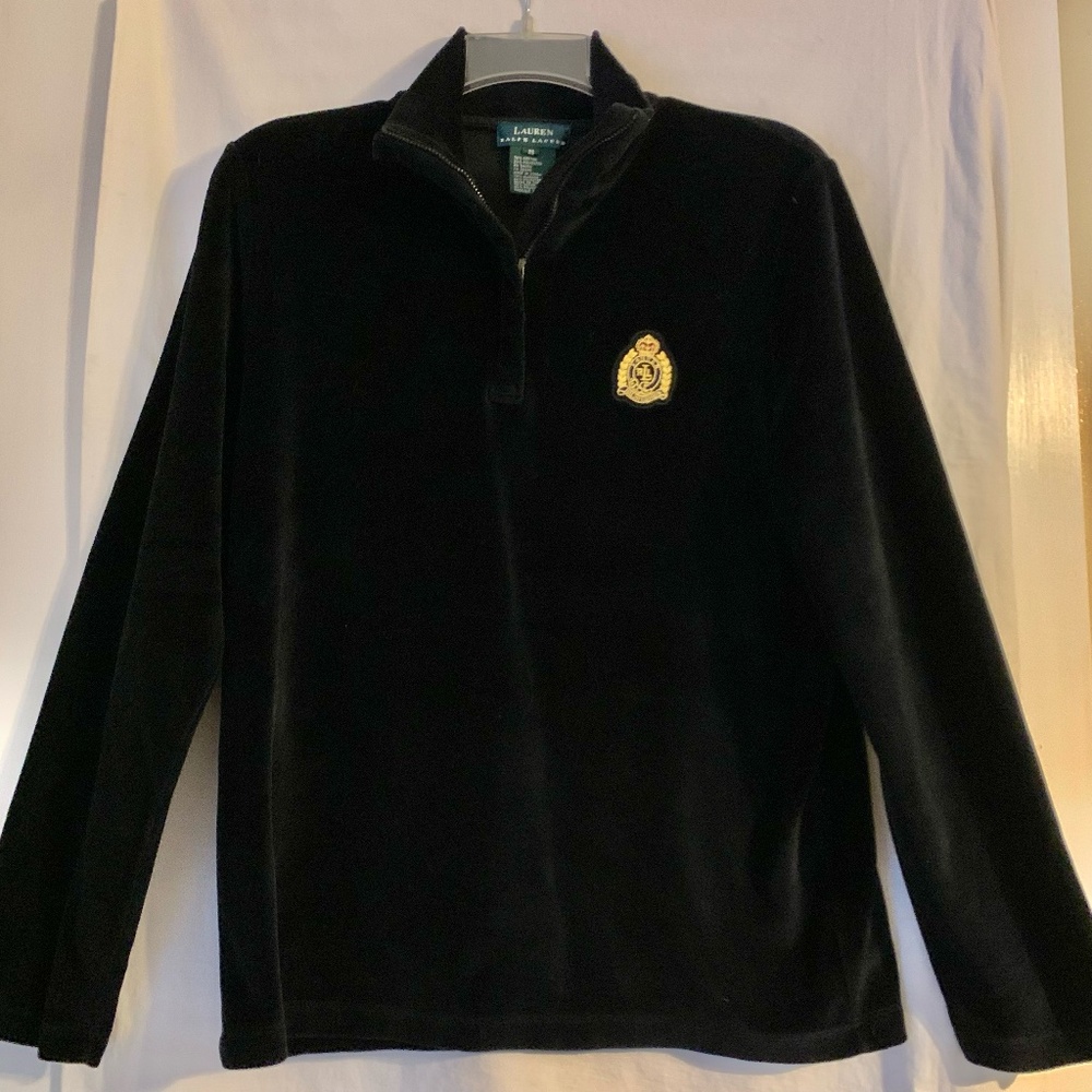 Lauren Ralph Lauren black velour quarter zip top with embroidered crest logo